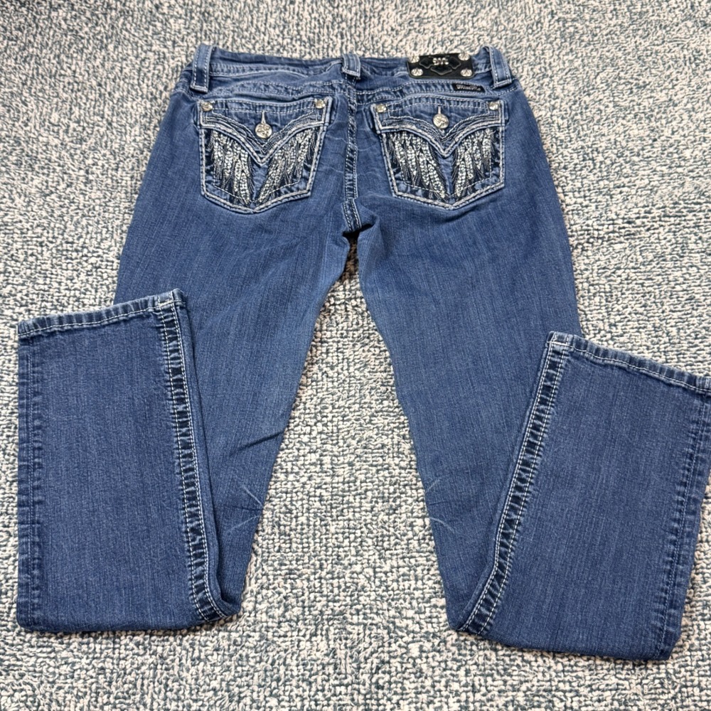 Miss Me Easy Straight Mid Rise Wing Rhinestone Flap Pocket Jeans Blue 28